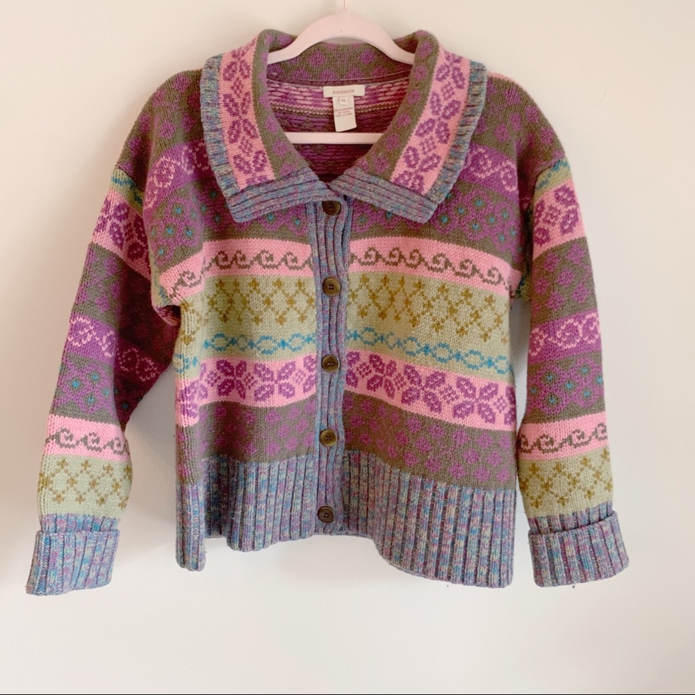 Sundance 100% Lambs Wool Pink Green Cardigan M